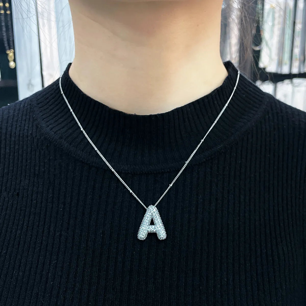 Bubble letter initial necklace set | White Gold 18k