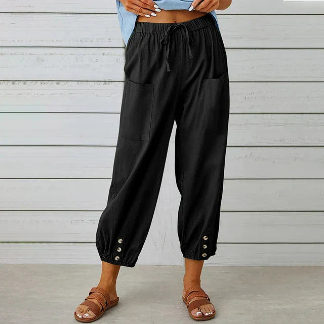 Talia | Black Relaxed Button-Cuff Pants
