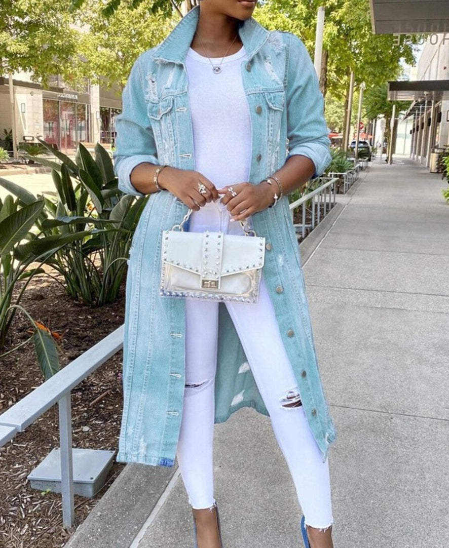 Women’s Button-Down Jacket – Oversized Fit – Denim Look – Mid-Thigh Length Casual Layer