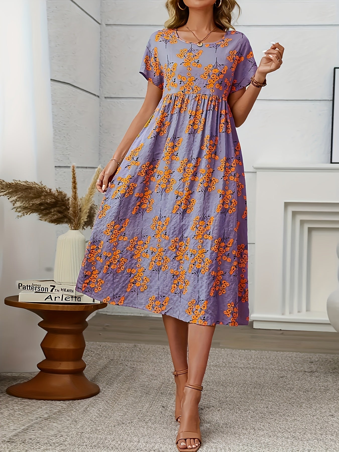 Ella | Vibrant Coral Floral Midi Dress