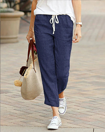 Women’s Trousers – Linen – Relaxed Fit – Drawstring Waist – Full Length