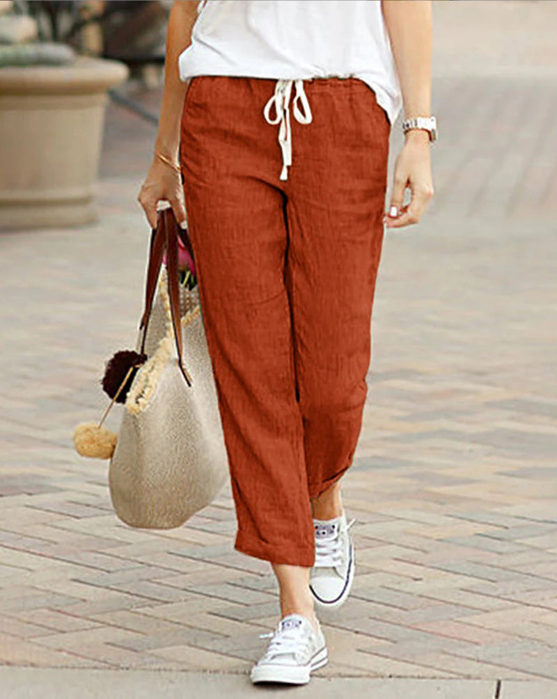 Women’s Trousers – Linen – Relaxed Fit – Drawstring Waist – Full Length