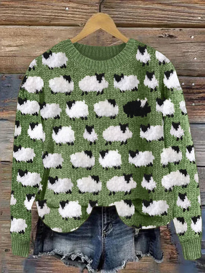 Women’s Pullover Sweatshirt – Relaxed Fit – Wool Knit – Crew Neck – Sheep Print – Ribbed Trim