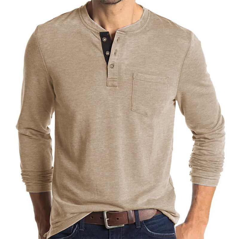 Men's long sleeve tee with button-down collar and chest pocket