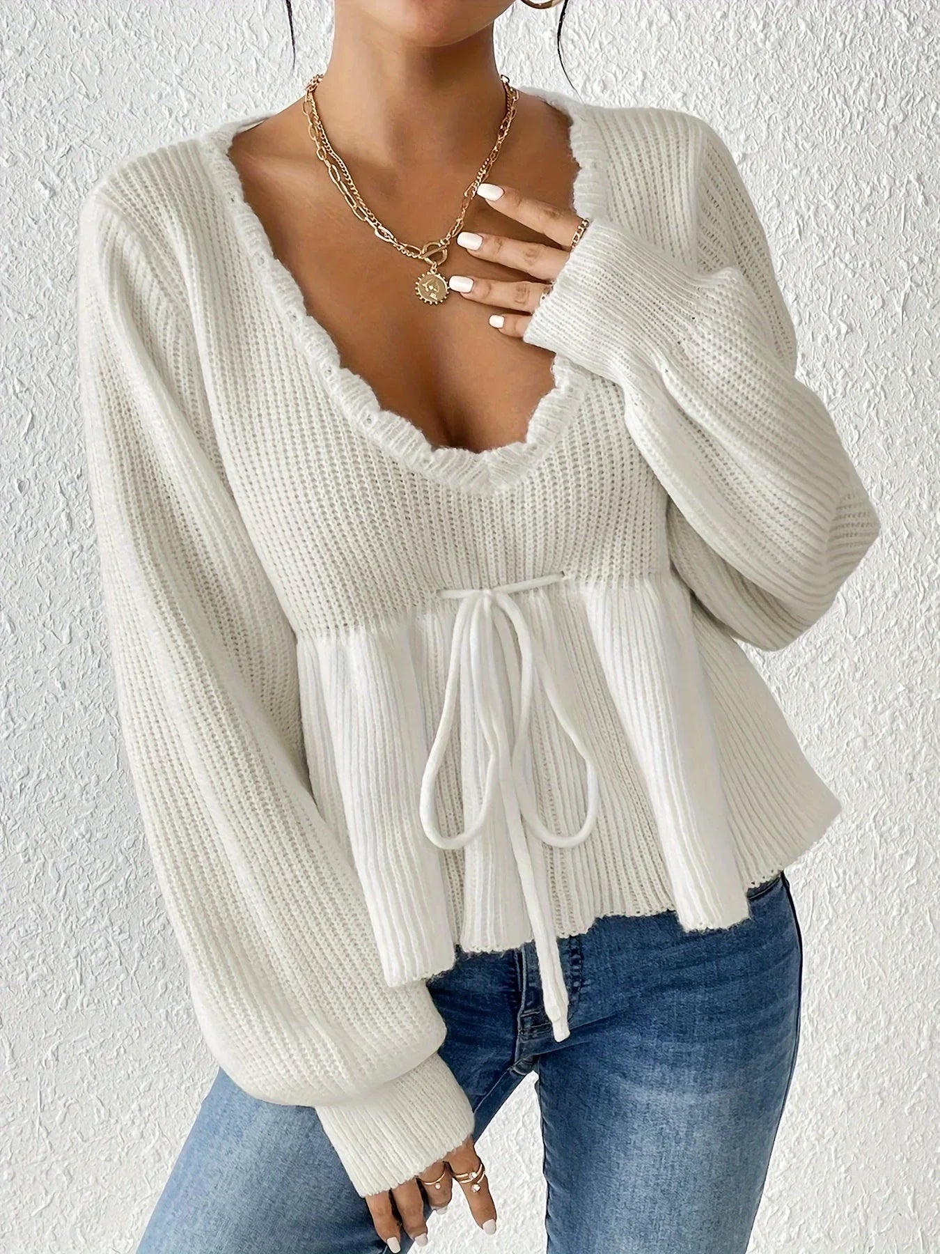 Women’s Pullover Sweatshirt – Ribbed Knitted – Relaxed Fit – V-Neck – Drawstring Waist