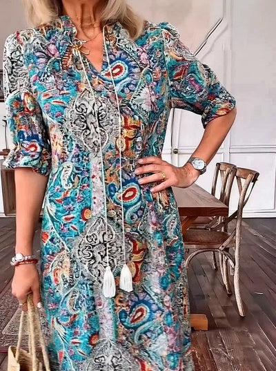 Mevelyn - Bohemian Paisley Tassel Tie Dress