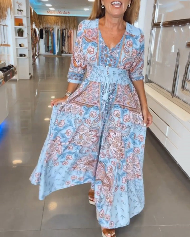 Astra - Elegant  Lace-Up Detail V-Neck Printed Dress