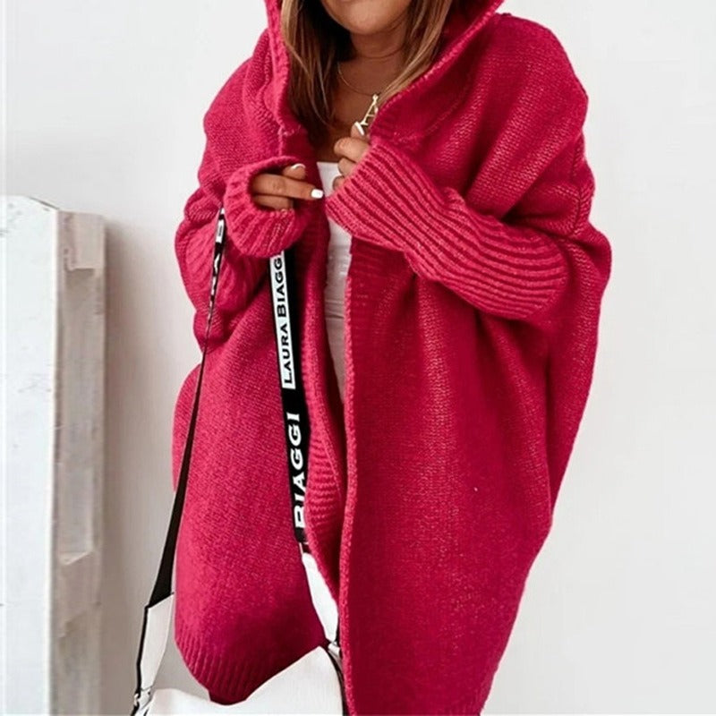 Women’s Knitted Cardigan – Oversized Fit – Hooded – Longline Open Front – Ribbed Cuffs