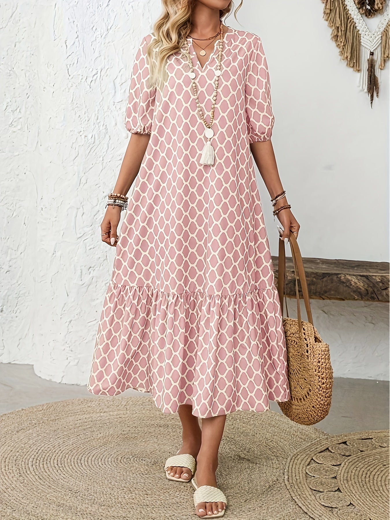 Hannah | Soft Pink Geometric Midi Dress