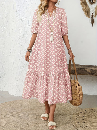 Hannah | Soft Pink Geometric Midi Dress