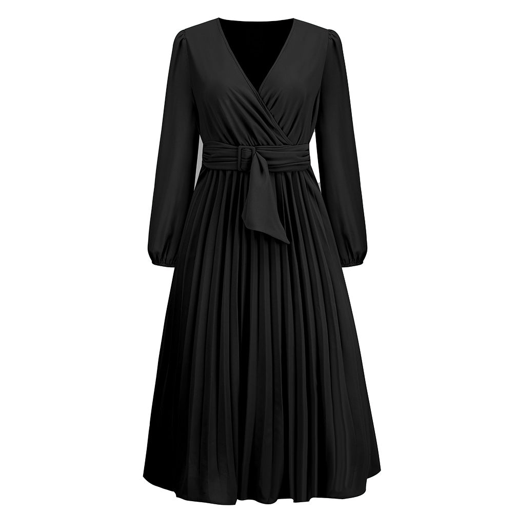 Women's Long-Sleeved V-Neck Pleated Dress with Belt