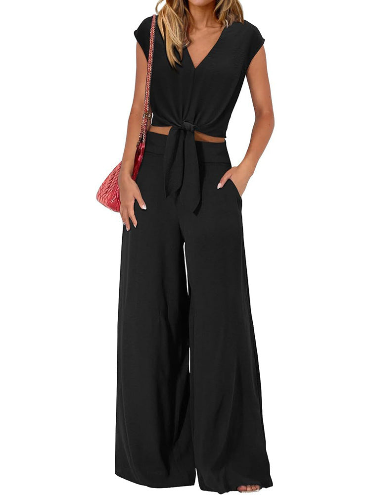 Concetta - Women's V-Neck Lace-Up Top with High Waist Wide Leg Pants Set