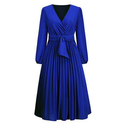 Women's Long-Sleeved V-Neck Pleated Dress with Belt