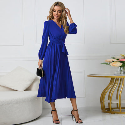 Women's Long-Sleeved V-Neck Pleated Dress with Belt
