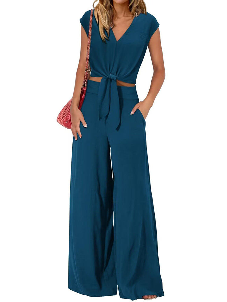 Concetta - Women's V-Neck Lace-Up Top with High Waist Wide Leg Pants Set
