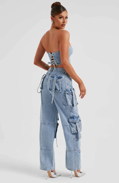 Women’s Corset Top – Denim Structured Fit – Cropped Strapless – Lace-Up Back