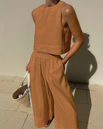 Women’s Two-Piece Set – Sleeveless Top and Wide-Leg Pants – Relaxed Fit – Natural Fibers