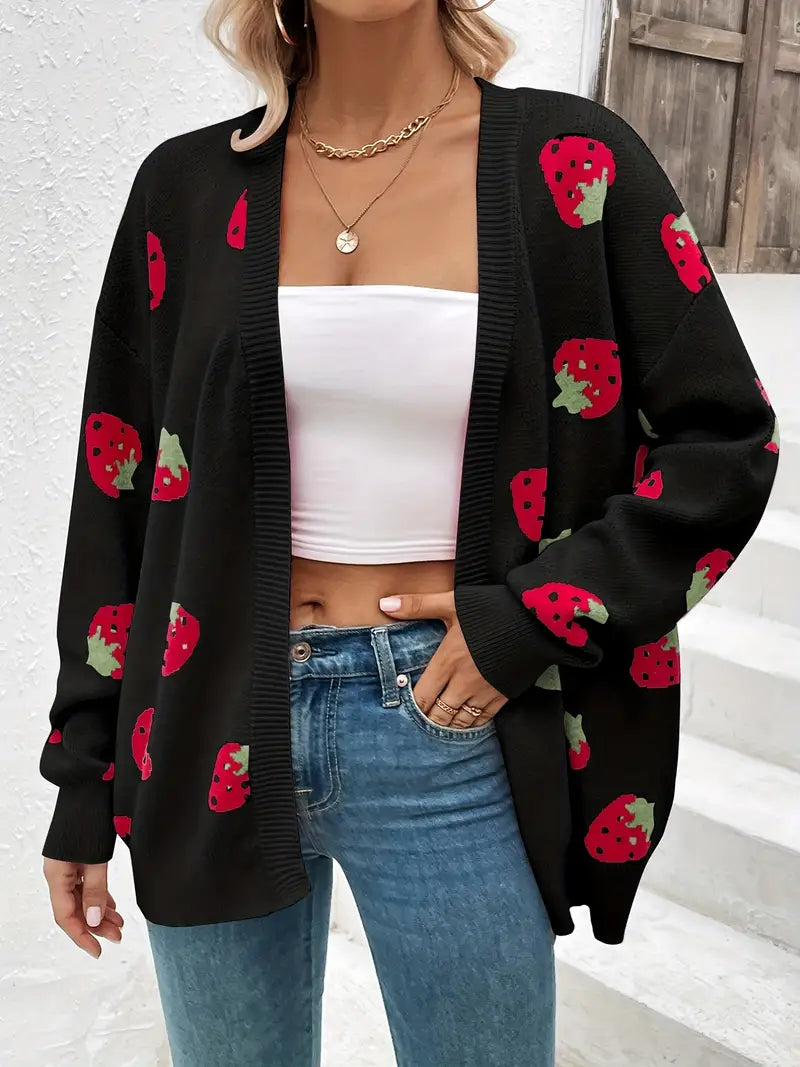 Women’s Cardigan – Oversized Fit – Soft Knit – Ribbed Trim – Playful Pattern
