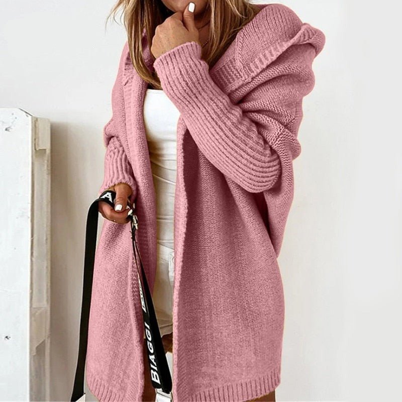 Women’s Knitted Cardigan – Oversized Fit – Hooded – Longline Open Front – Ribbed Cuffs