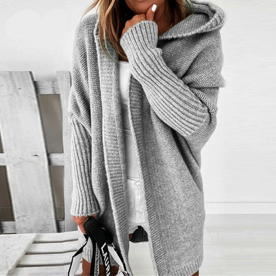 Women’s Knitted Cardigan – Oversized Fit – Hooded – Longline Open Front – Ribbed Cuffs