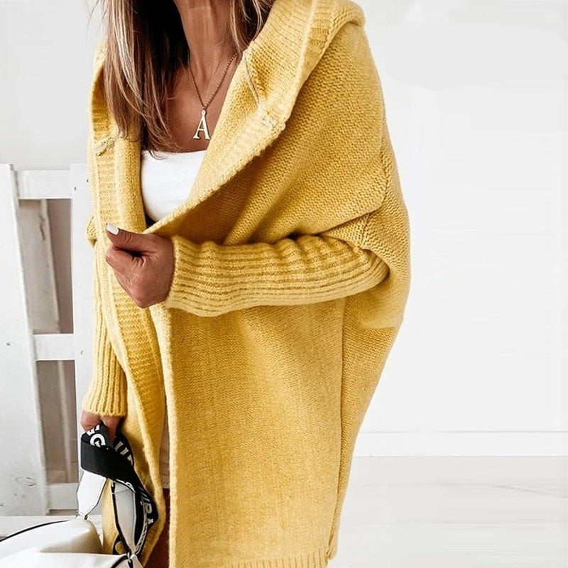 Women’s Knitted Cardigan – Oversized Fit – Hooded – Longline Open Front – Ribbed Cuffs