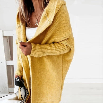 Women’s Knitted Cardigan – Oversized Fit – Hooded – Longline Open Front – Ribbed Cuffs
