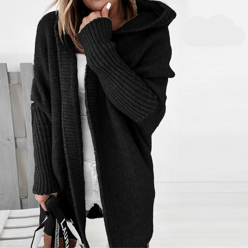 Women’s Knitted Cardigan – Oversized Fit – Hooded – Longline Open Front – Ribbed Cuffs