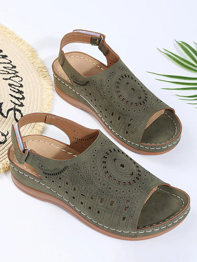 Avencea | Retro Sandal with Ethnic Pattern, Cutout and Hollow Design, Velcro Closure
