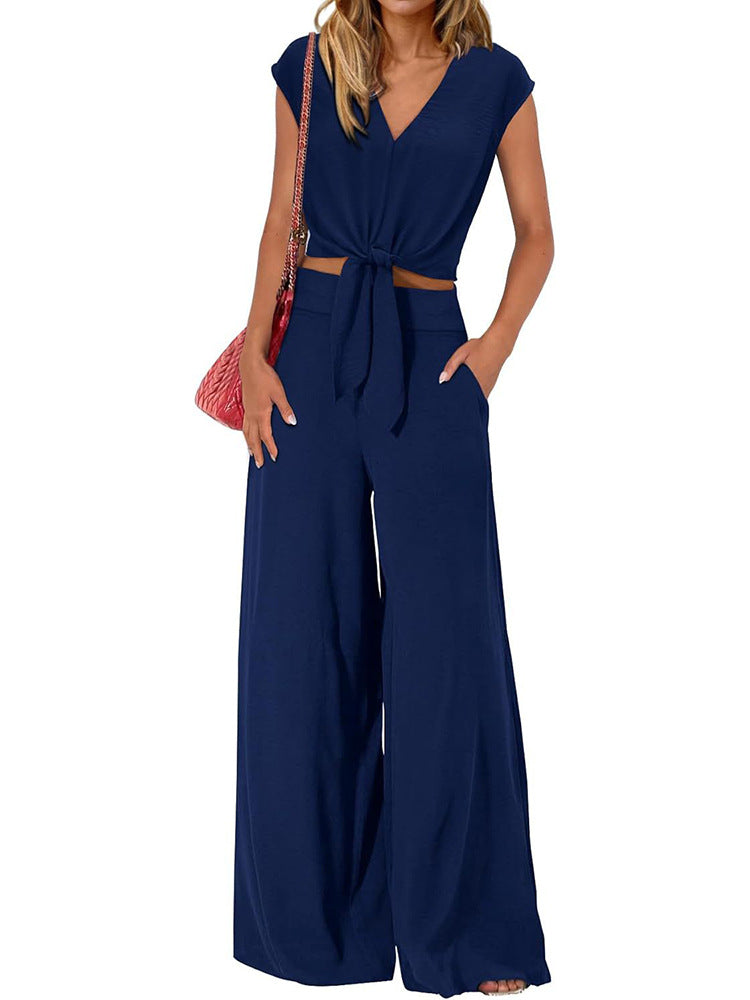 Concetta - Women's V-Neck Lace-Up Top with High Waist Wide Leg Pants Set