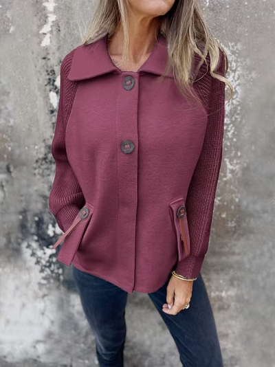 Women’s Jacket – Relaxed Fit – Lapel Collar – Knit Sleeves – Button Front – Flap Pockets