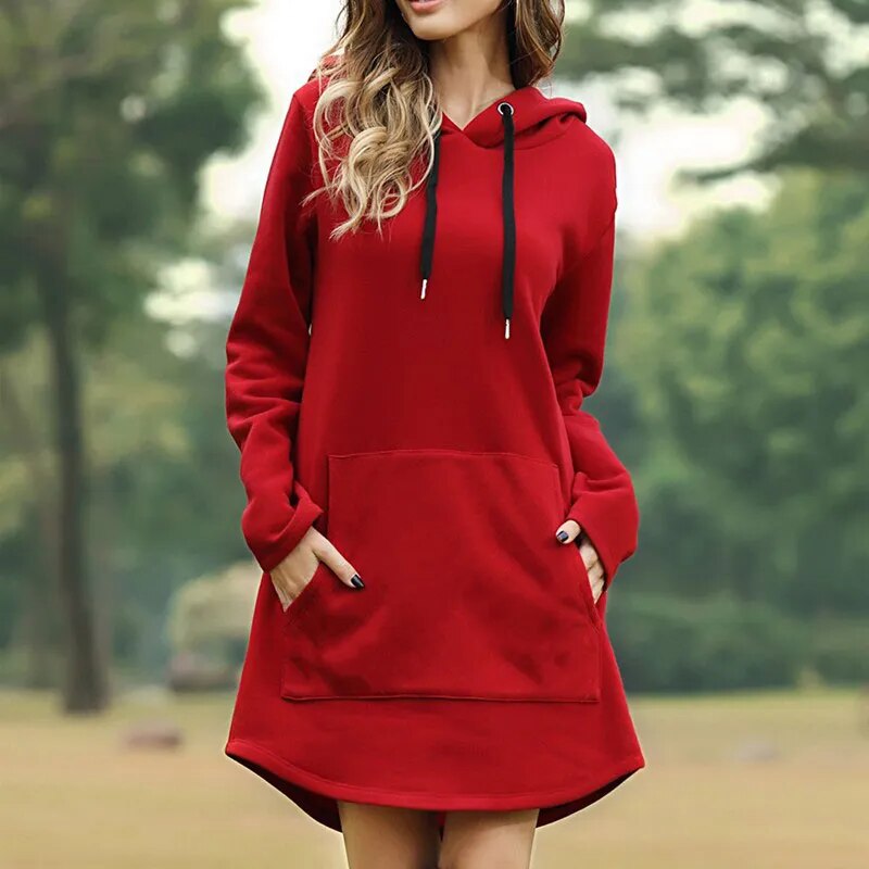 Women’s Hoodie Dress – Relaxed Fit – Cotton Blend – Long Sleeve with Kangaroo Pocket