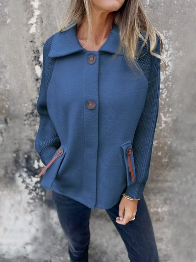 Women’s Jacket – Relaxed Fit – Lapel Collar – Knit Sleeves – Button Front – Flap Pockets