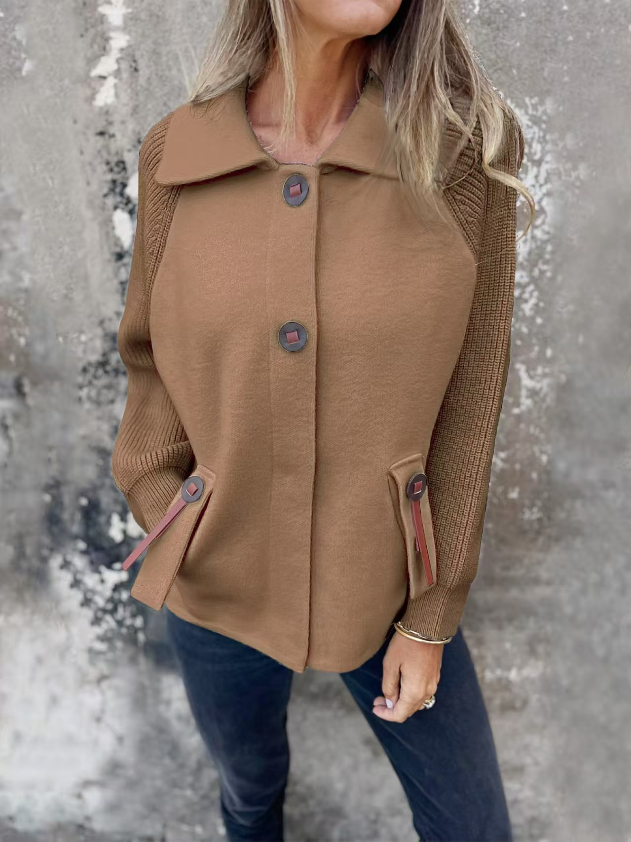 Women’s Jacket – Relaxed Fit – Lapel Collar – Knit Sleeves – Button Front – Flap Pockets