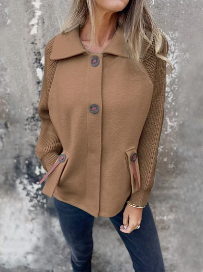 Women’s Jacket – Relaxed Fit – Lapel Collar – Knit Sleeves – Button Front – Flap Pockets