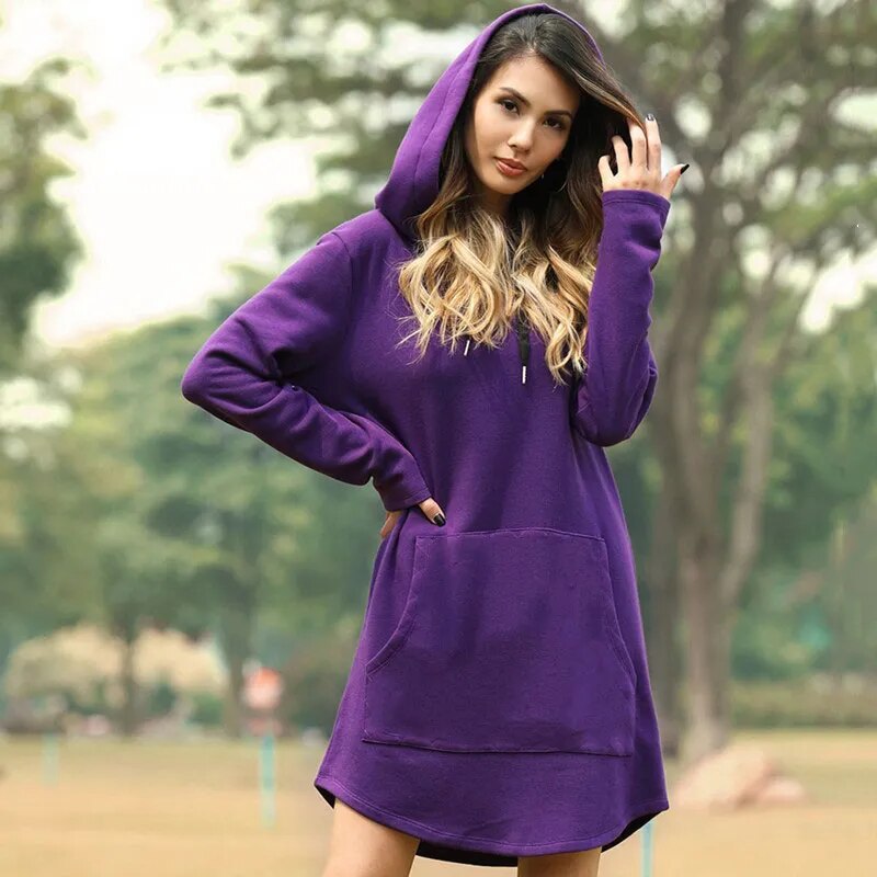 Women’s Hoodie Dress – Relaxed Fit – Cotton Blend – Long Sleeve with Kangaroo Pocket