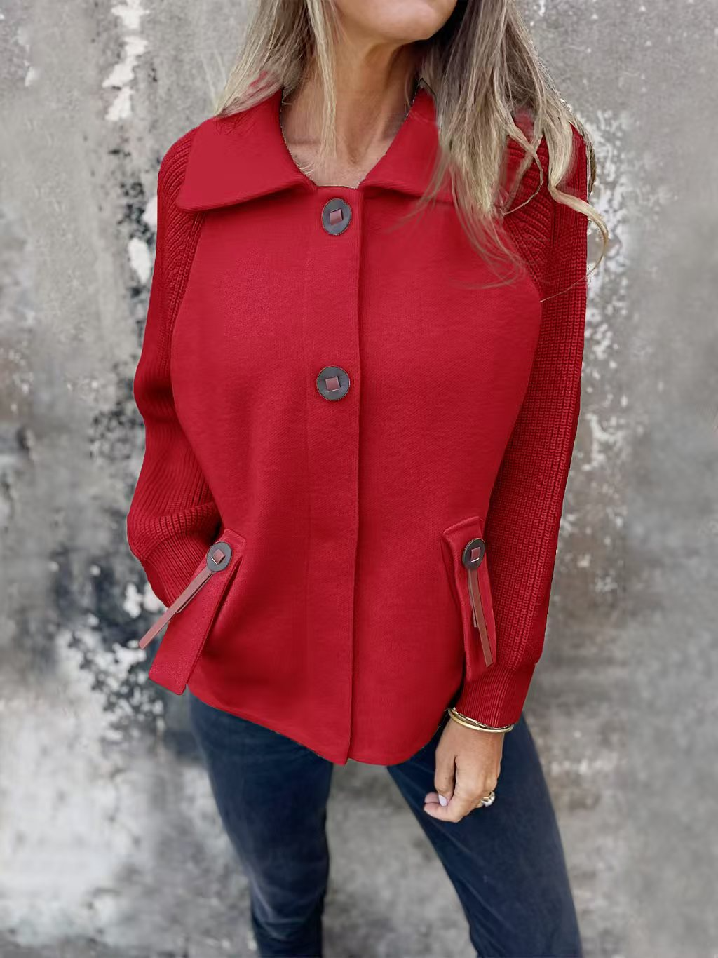 Women’s Jacket – Relaxed Fit – Lapel Collar – Knit Sleeves – Button Front – Flap Pockets