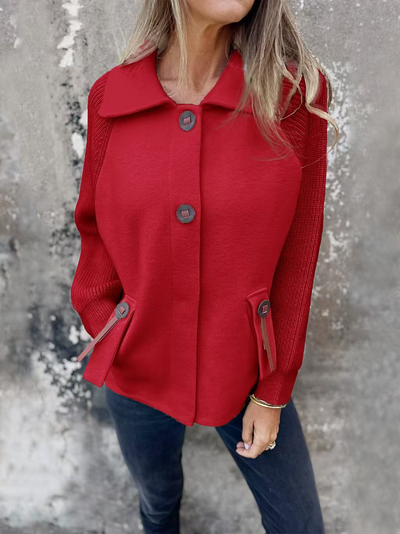 Women’s Jacket – Relaxed Fit – Lapel Collar – Knit Sleeves – Button Front – Flap Pockets