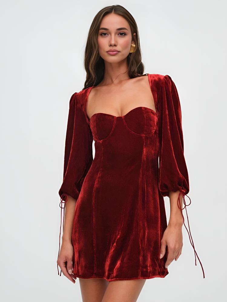 Women’s Mini Dress – Velvet Slim Fit – Puff Sleeve – Sweetheart Neckline – Evening Wear