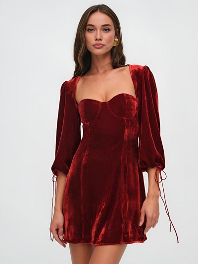 Women’s Mini Dress – Velvet Slim Fit – Puff Sleeve – Sweetheart Neckline – Evening Wear