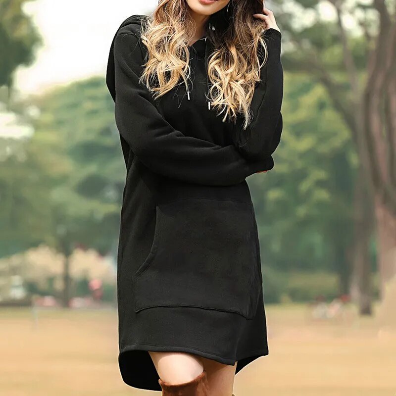 Women’s Hoodie Dress – Relaxed Fit – Cotton Blend – Long Sleeve with Kangaroo Pocket