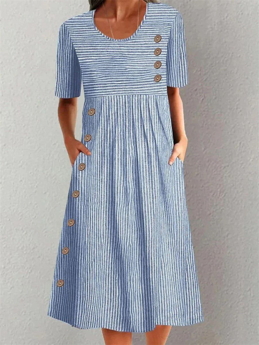 Nora | Striped Button Accent Day Dress