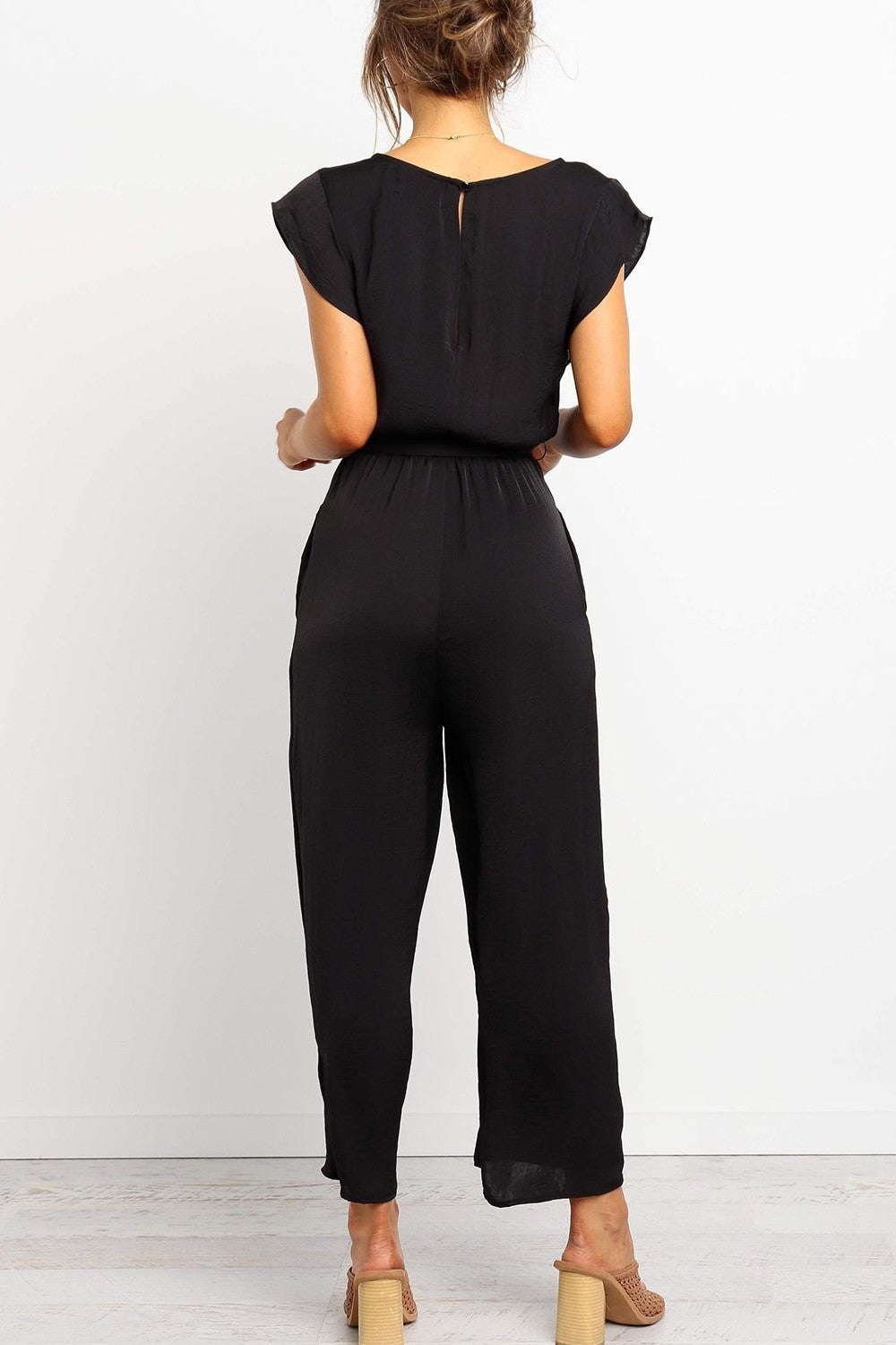 Women’s Jumpsuit – Relaxed Fit – V-Neck – Waist Tie – Cap Sleeves – Soft Cotton Blend