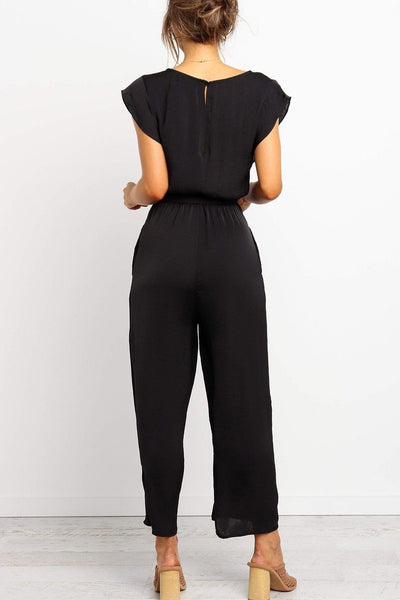 Women’s Jumpsuit – Relaxed Fit – V-Neck – Waist Tie – Cap Sleeves – Soft Cotton Blend