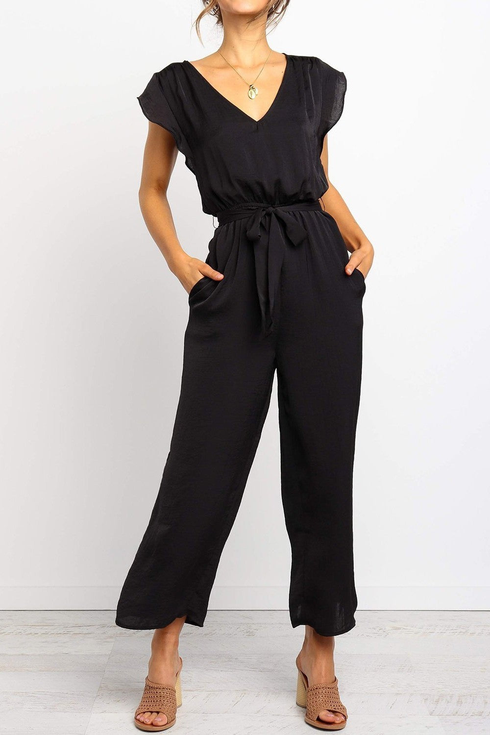 Women’s Jumpsuit – Relaxed Fit – V-Neck – Waist Tie – Cap Sleeves – Soft Cotton Blend