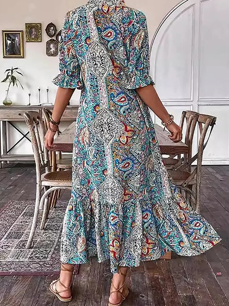 Mevelyn - Bohemian Paisley Tassel Tie Dress