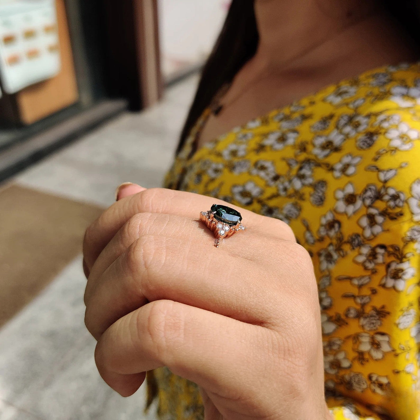 Green Oval Moissanite Silver Engagement Ring