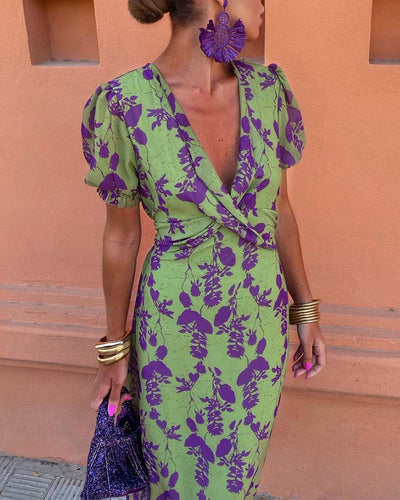 Isla - Elegant Deep V-Neck Leaf Print Dress