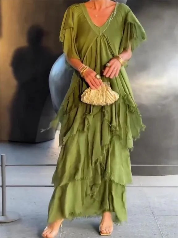 Blaise - Ruffled Sleeves V-Neck Maxi Dress