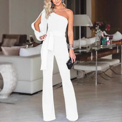 Women’s Jumpsuit – Slim Fit – One Shoulder – Belted Waist – Flared Leg – Full Length