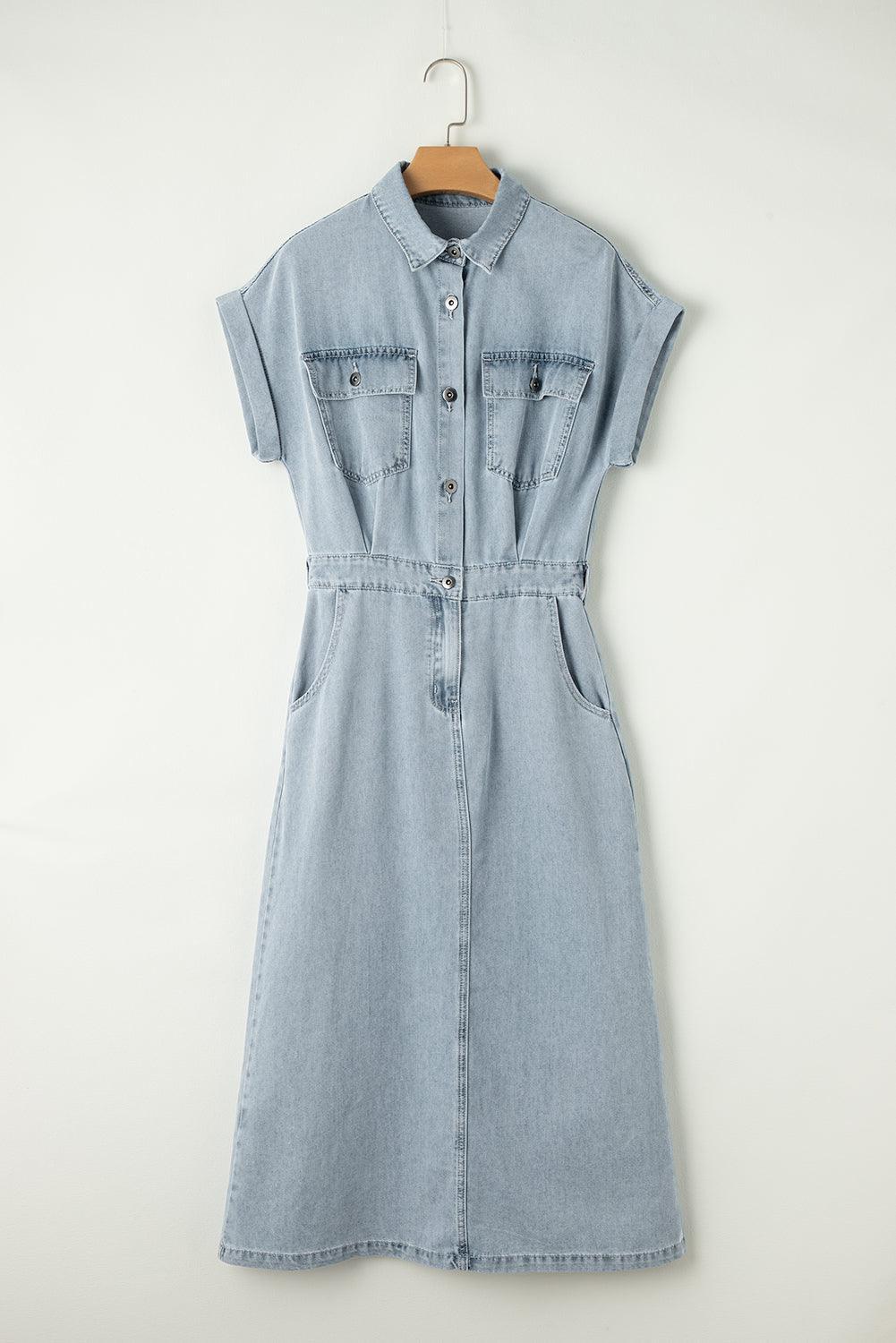 Sofia® | Elegant Denim Dress with Short Batwing Sleeves